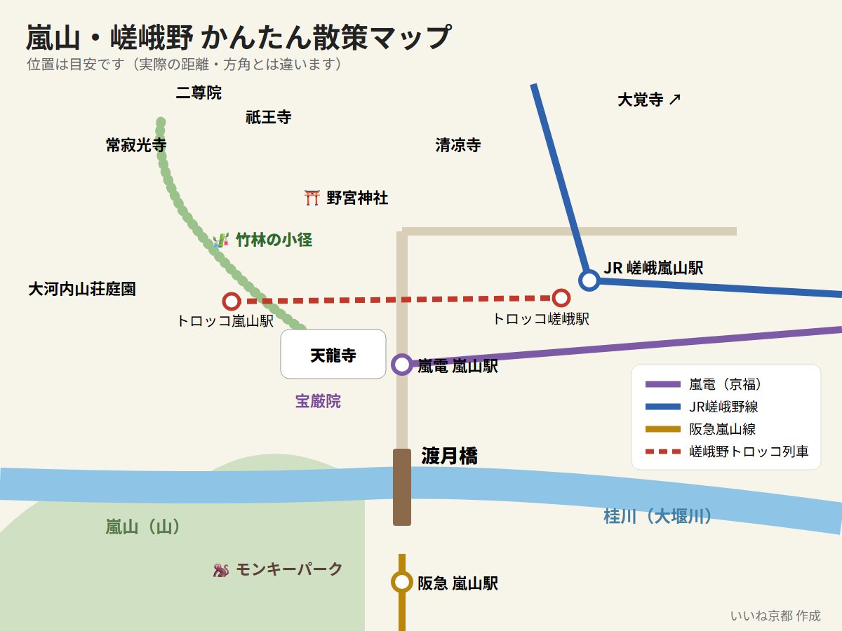 嵐山・嵯峨野のかんたん散策マップ（渡月橋・天龍寺・竹林の小径・野宮神社・常寂光寺・二尊院・祇王寺・清凉寺・大覚寺と、嵐電・JR・阪急・トロッコの駅）
