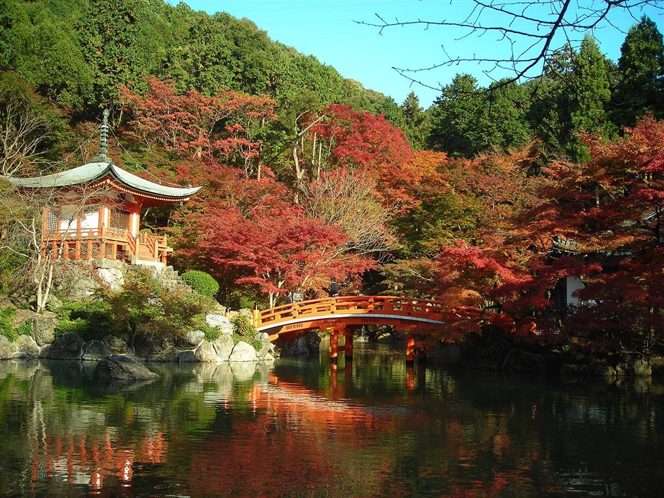 醍醐寺の弁天堂と朱塗りの橋と紅葉